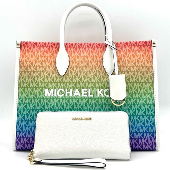 Michael Kors Mirella Medium Logo Tote Bag & Matching Continental Wallet Rainbow - Picture 1 of 12
